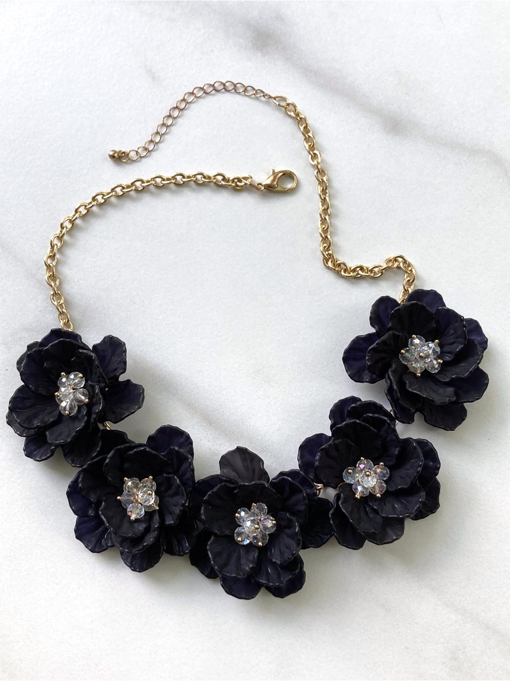 Black Flowers Statement Choker Bib Necklace with Crystal Centers Floral